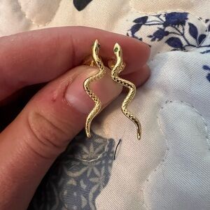 Gold Snake Drop Earrings with Green Eyes